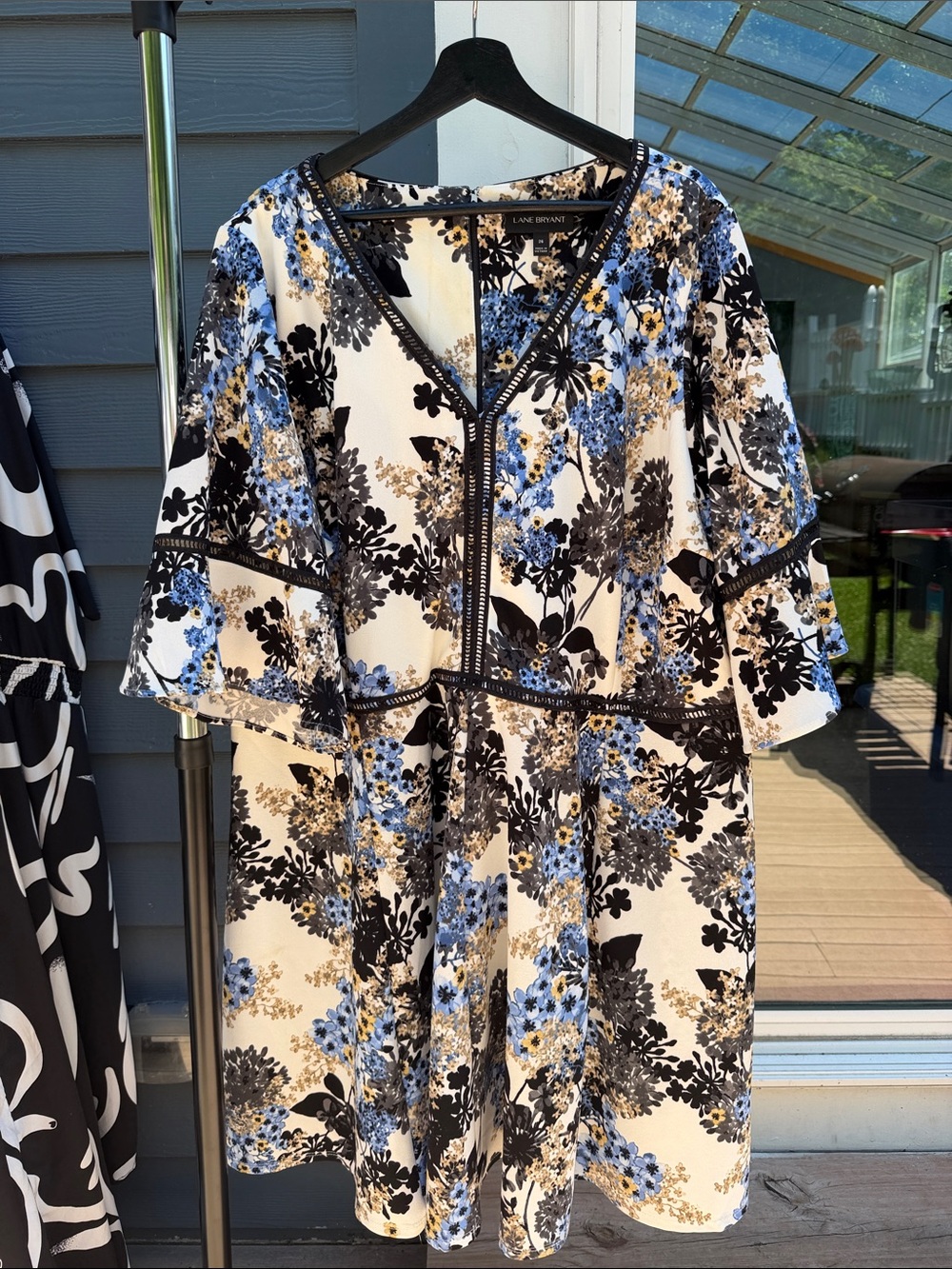 Lane Bryant Cream Floral V-Neck Fit & Flare Dress with Blue and Black Print